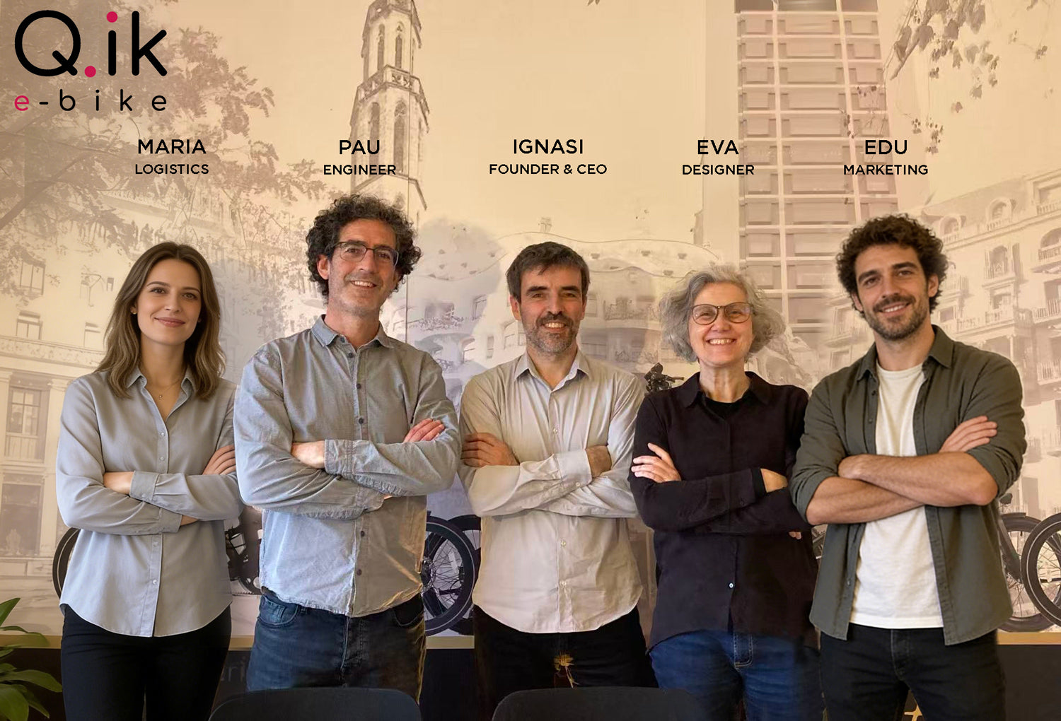 Five people standing with arms crossed in front of a wall with a bicycle design and 'Q.i.k e-bike' branding