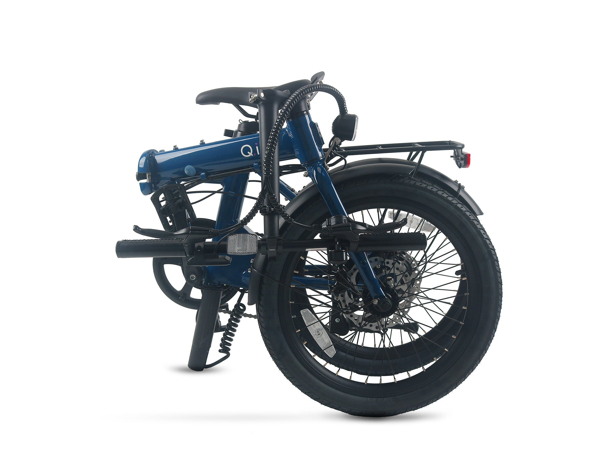 A folded electric bicycle in a dark blue and black color scheme, shown from a side profile view against a solid white background.