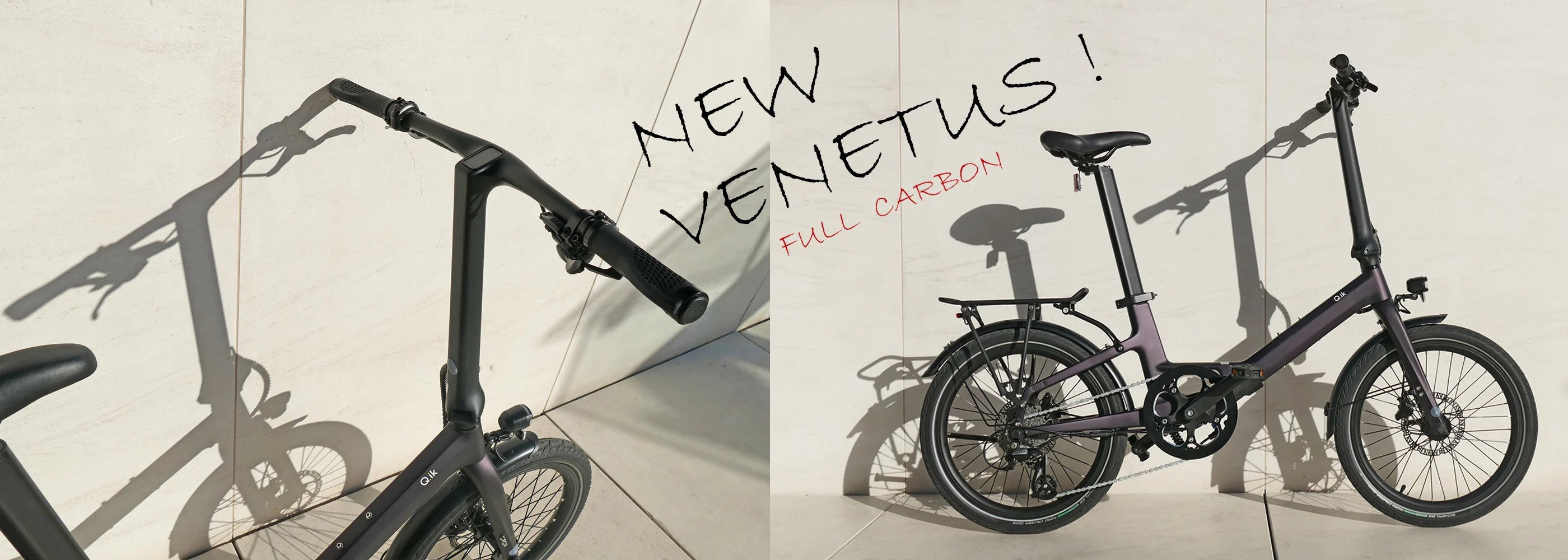 A folding electric bicycle shown in two views against a light wall with strong shadows. The left view shows the handlebar and frame close-up, and the right view shows the full bike.