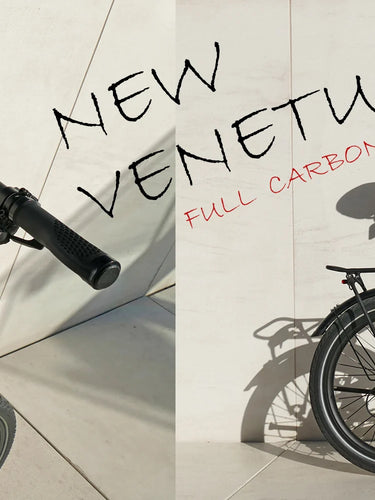A folding electric bicycle shown in two views against a light wall with strong shadows. The left view shows the handlebar and frame close-up, and the right view shows the full bike.