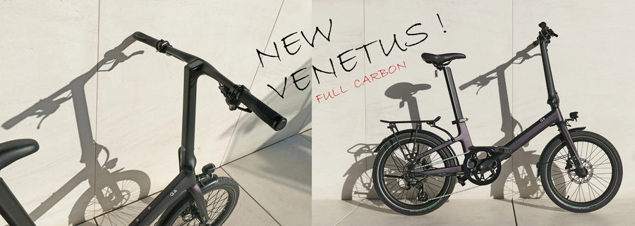 A folding electric bicycle shown in two views against a light wall with strong shadows. The left view shows the handlebar and frame close-up, and the right view shows the full bike.