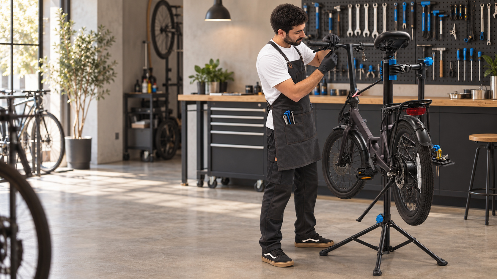Technician servicing a Q.ik folding e-bike